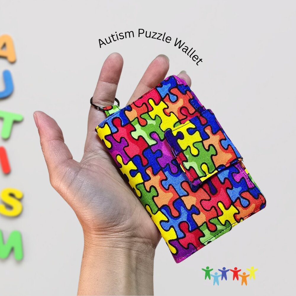 Handmade Autism Puzzle Fabric Card Wallet with Keyring